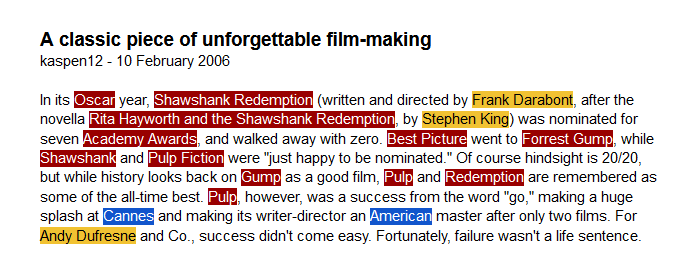Movie review with Named Entities Highlighted