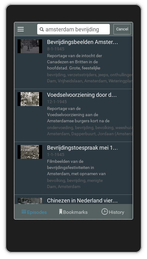 Screenshot Linked Open Images: list of videos matching the query 'bevrijding amsterdam'