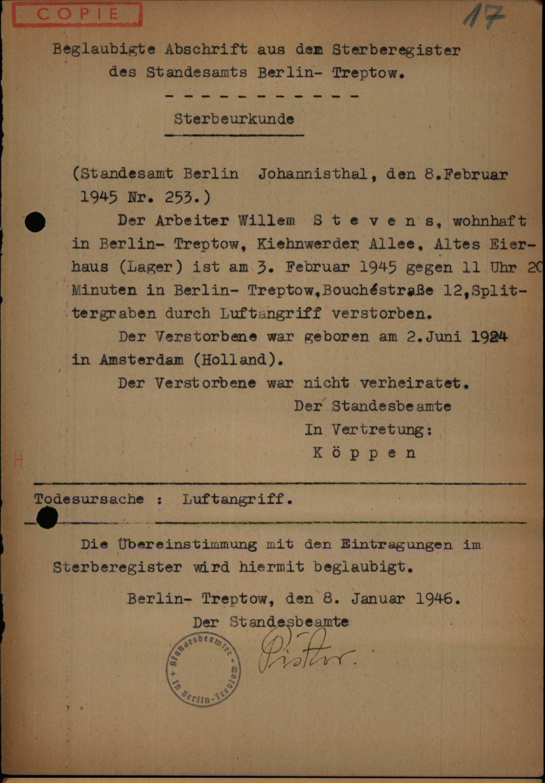death certificate of Willem Stevens